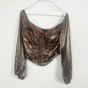 Privy Metallic Bronze Corset Clasp Blouse Cropped Peasant Castlecore Size S